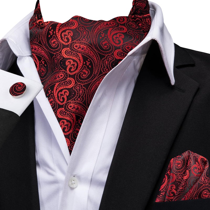 Dubulle Dark Red Ascot Paisley Floral for Men Mens Self Tie Cravat and Pocket Square Cufflinks Wedding Suit Business - Image 3